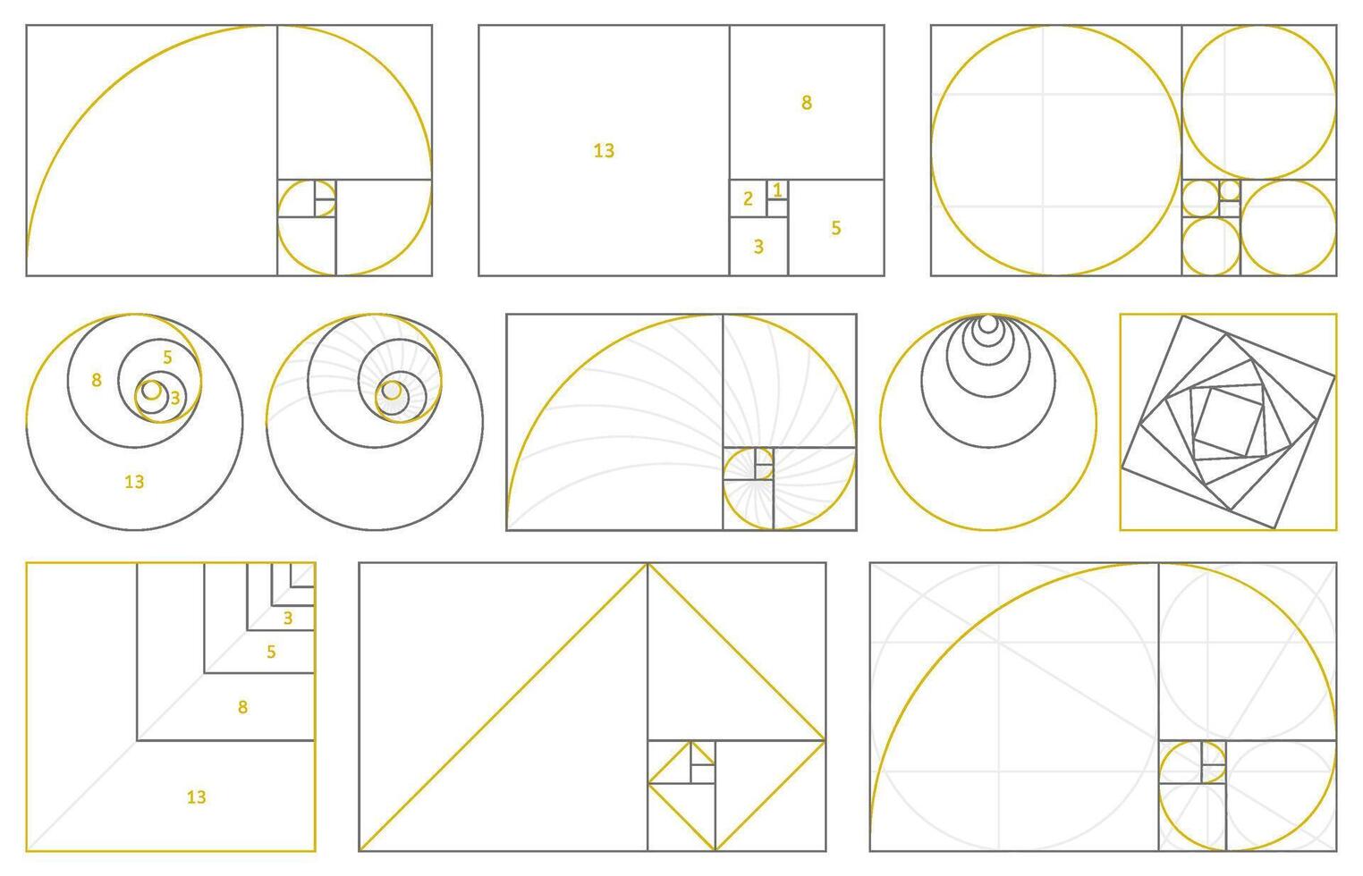 Golden section, fibonacci numbers, ideal proportions ratio. Geometry harmony gold fibonacci spiral ratio, illustration set. Spiral proportion elements vector