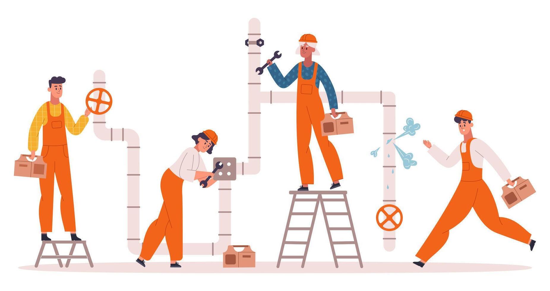 Plumbers characters fixing pipes, plumbing repair service. Professional plumbers fixing leakage or repair heating system illustration. Plumbing service workers vector