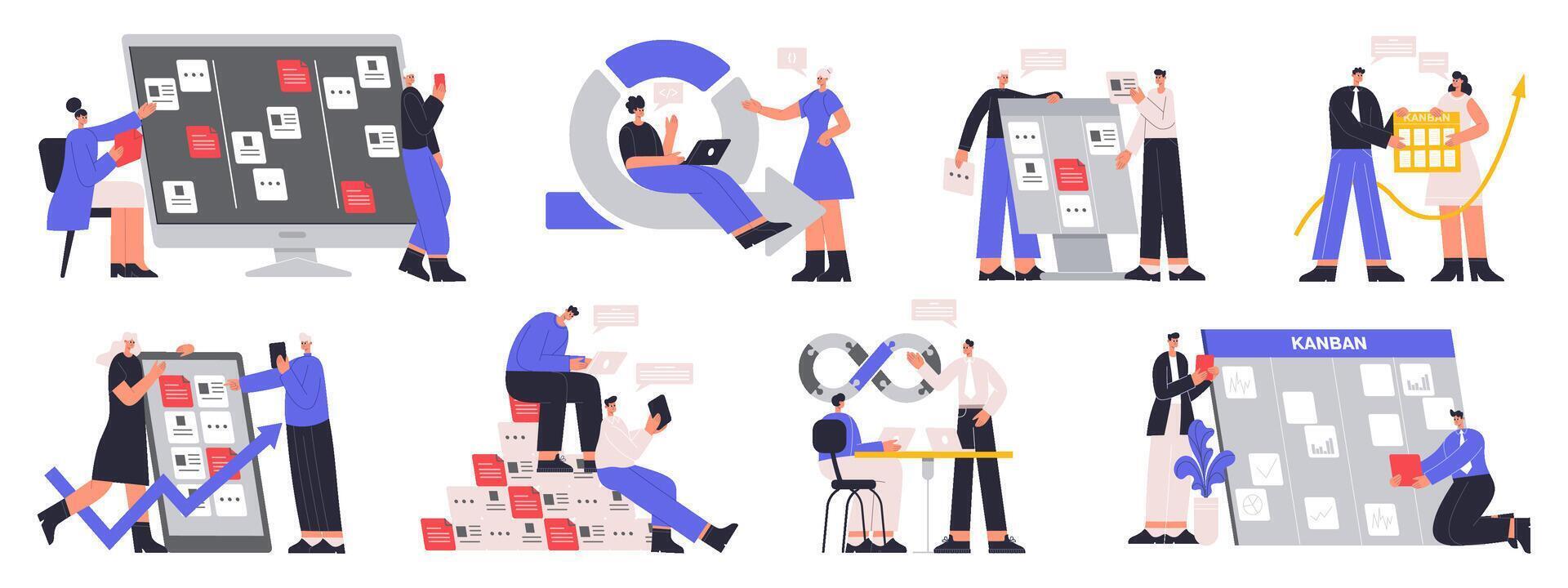 Agile software development team, devOps, kanban board, scrum sprint scheme. IT software development team workflow illustration set. DevOps team work strategy vector