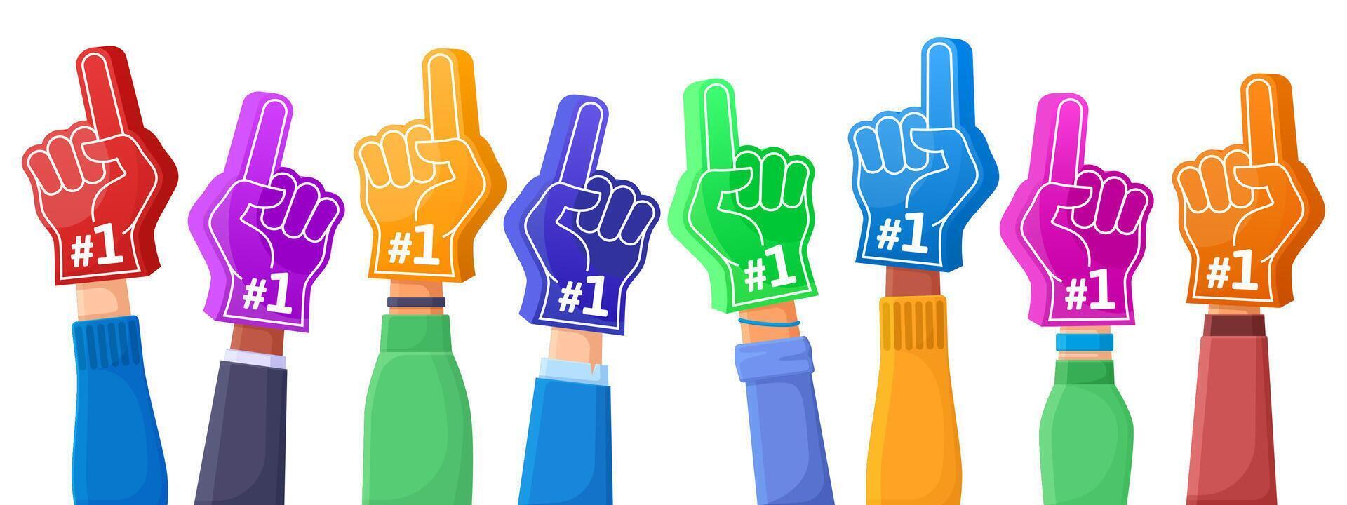Foam fingers, football, baseball or basketball fans foam hands. Sports team cheering foam hands, fan accessory symbols set. Fan foam fingers victory gesture vector