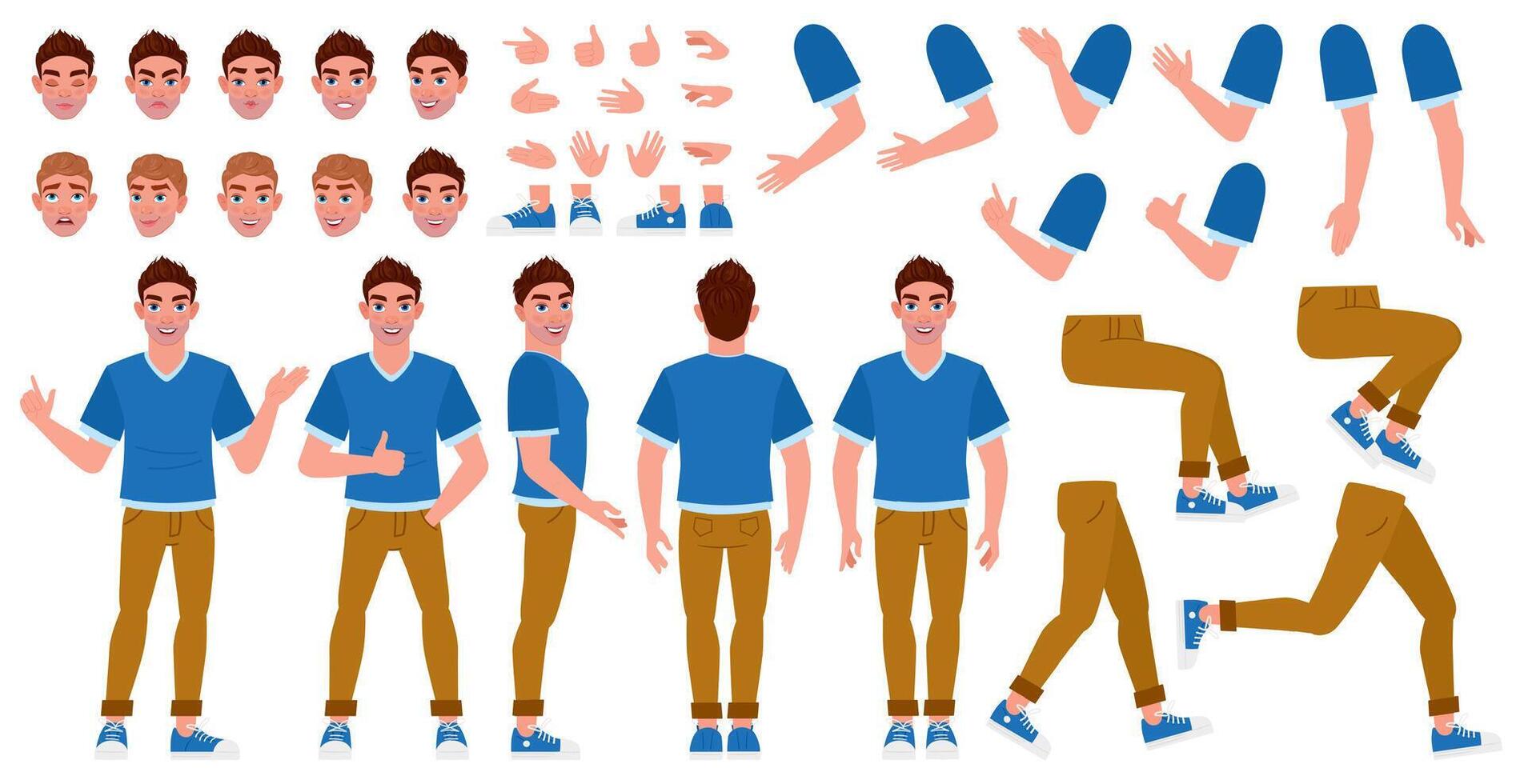 Cartoon male character constructor, man poses, facial expressions and haircuts. Man character body parts creation elements illustration set. Male character constructor vector