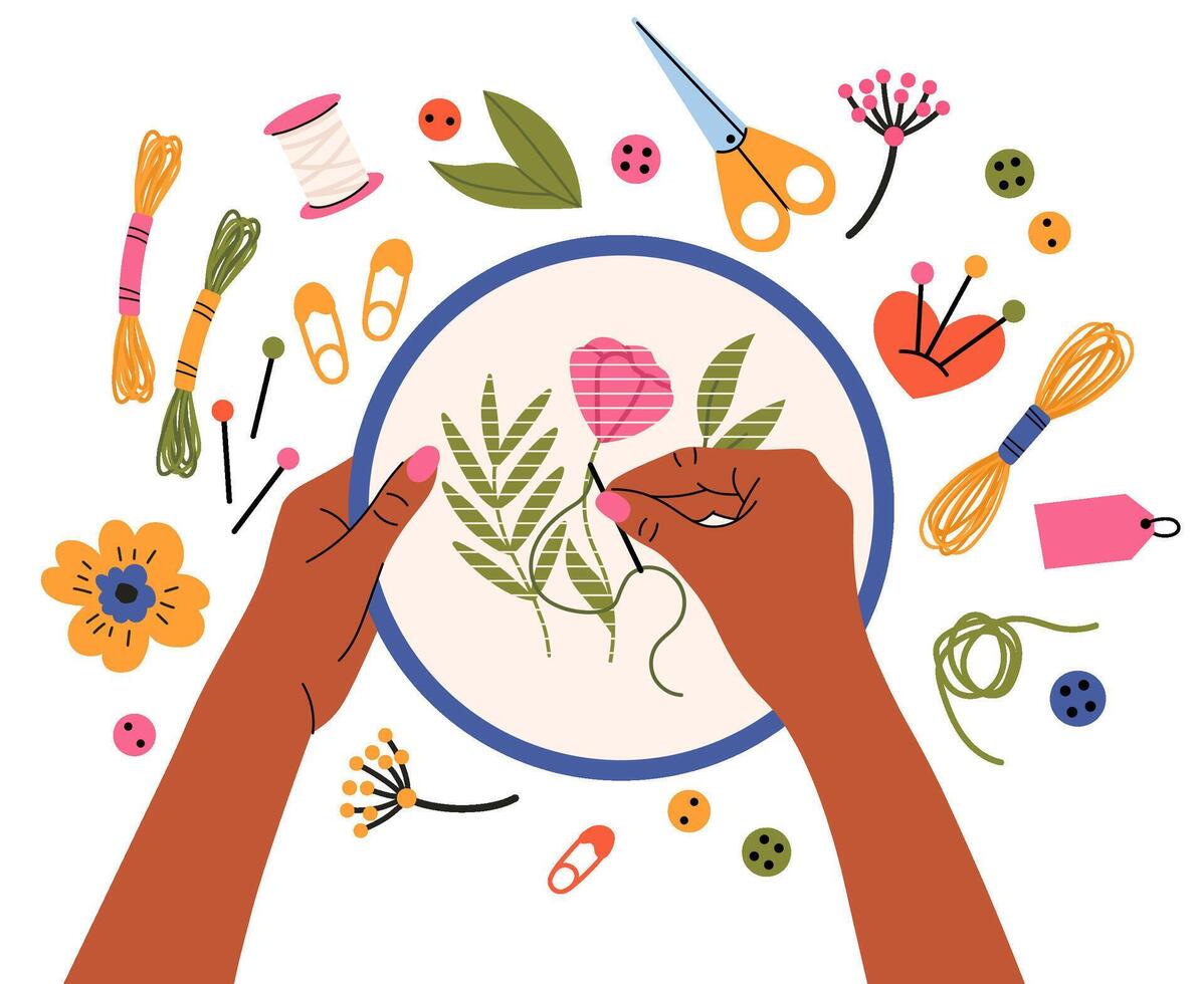 Hands embroider, handmade creative needlework hobby. Female hands with needle and thread embroider floral motif illustration. Embroidery workshop process vector