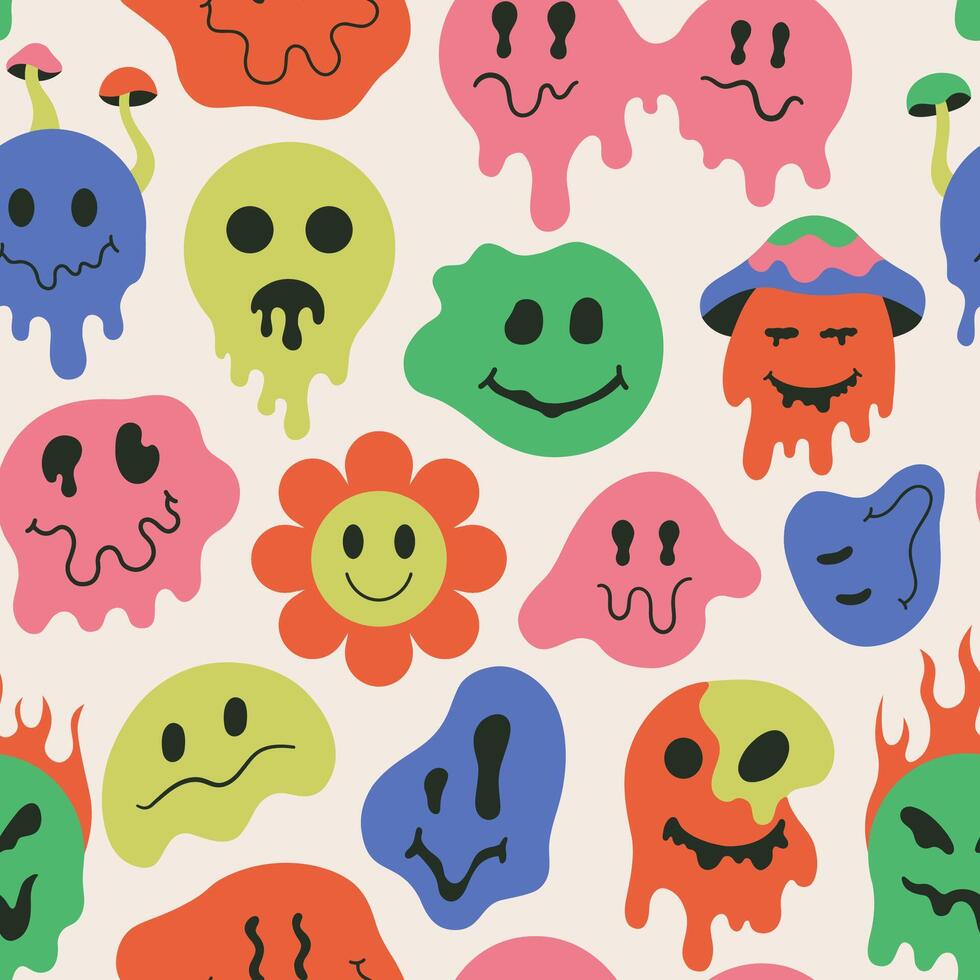 Melting smiling faces, dripping groovy retro seamless pattern. Retro dripping doodle smile face background illustration. Psychedelic groovy smile emoji pattern vector