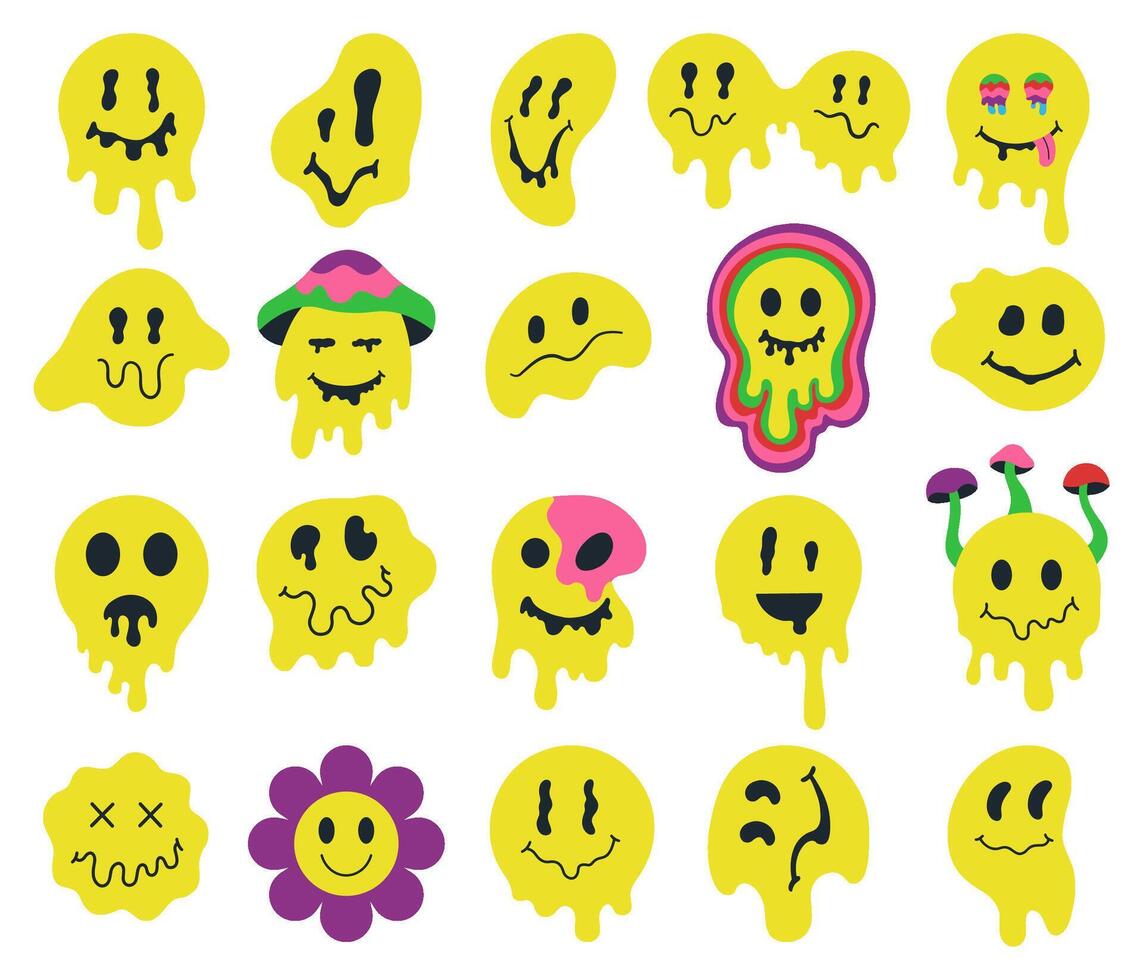 Melting psychedelic smiling faces, dripping groovy characters. Crazy graffiti smile emoji, facial expressions mascots illustration set. Dripping smiling emoji faces vector