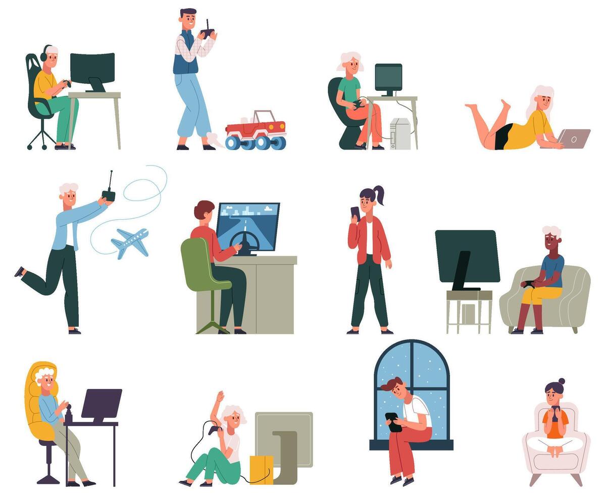 Children play games, young gamers, game addiction scenes. gaming hobby, kids with gadgets and computer addiction illustration set. Young gamers characters vector