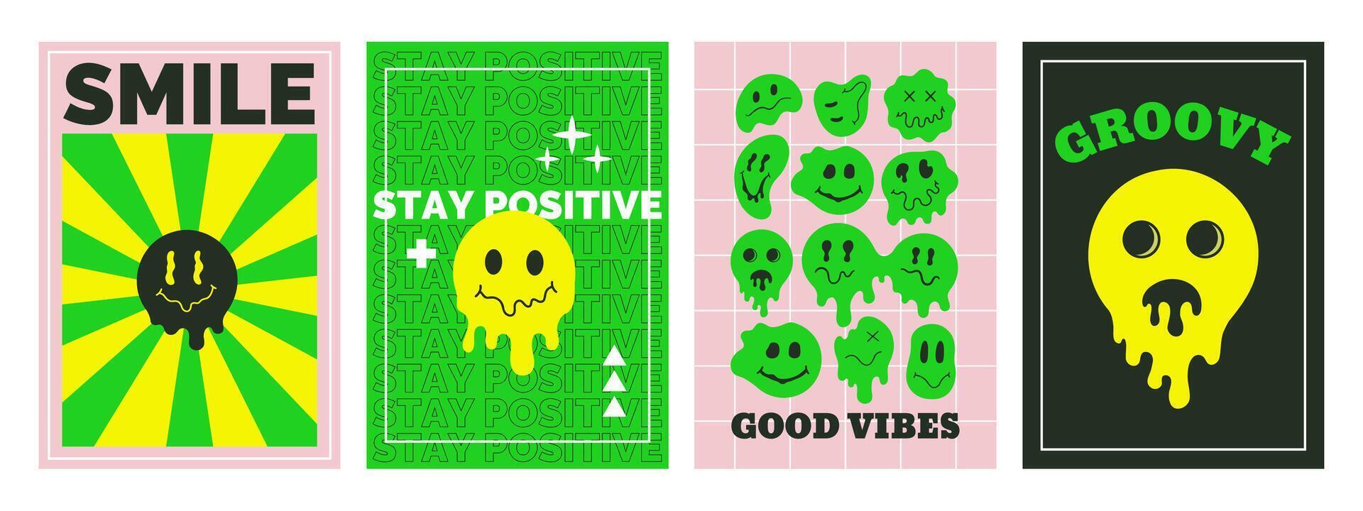 Psychedelic melting smiling faces, 70s groovy psychedelic posters. Retro comic groovy smiling characters posters set. Melting smiling faces covers vector