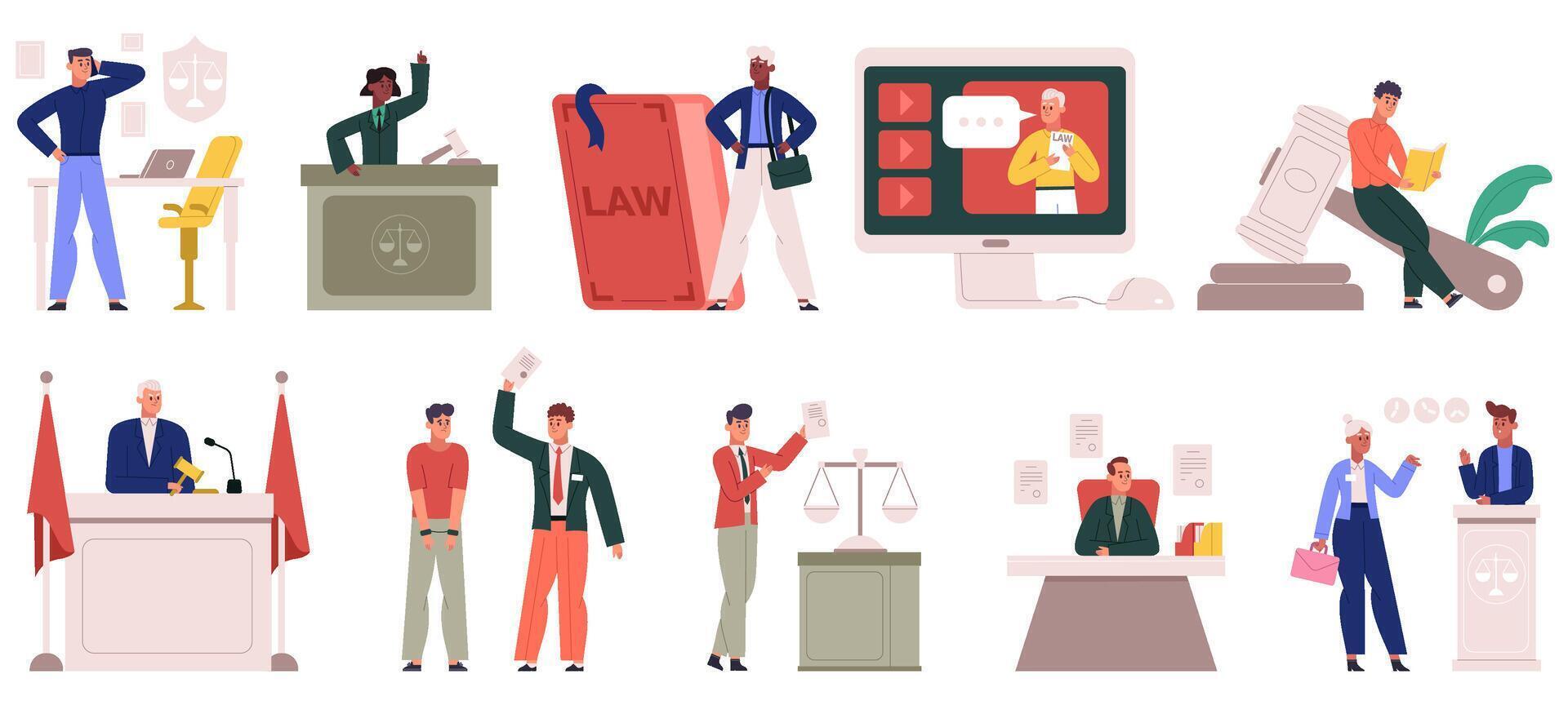 Lawyers characters, justice and law firm workers scenes. Advocate service, support and consulting, attorneys workflow illustration set. Law and justice workers vector