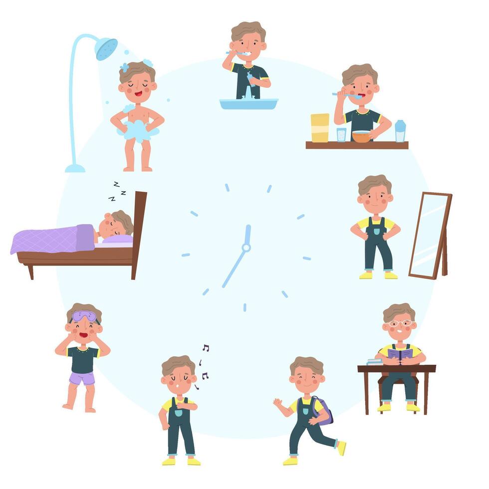 Kid daily schedule, little boy routine activities. Clock face boy sleep and wake schedule isolated illustration. Child daily routine vector