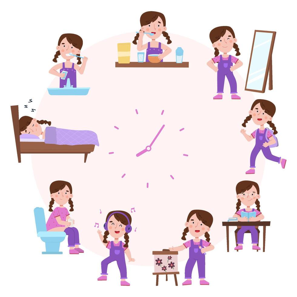 Child daily sleep and wake schedule, girl routine activities. Cute girl daily routine clock face illustration. Kid eating, sleeping routine vector