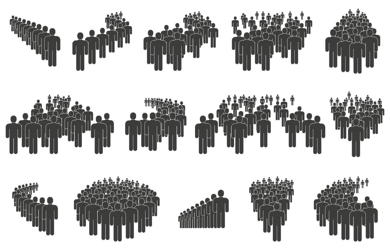 Crowd silhouettes, business people queue, group lining up. People group icons, queuing crowd, business social community or team illustration set vector