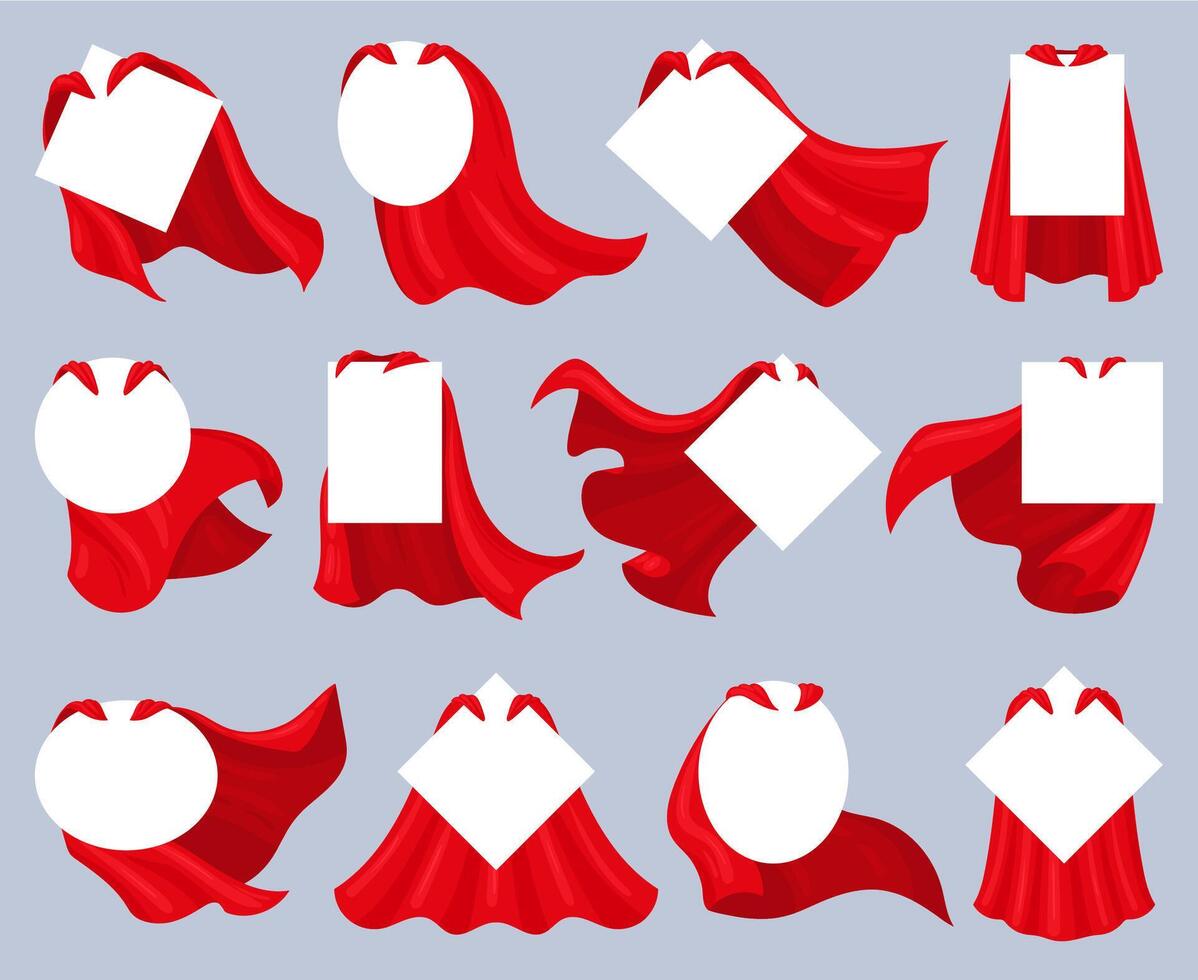 Cartoon superhero cloaks with empty posters, scarlet capes covers. Hero fabric cloaks with blank badges illustration set. Red super heroes cloaks cover vector