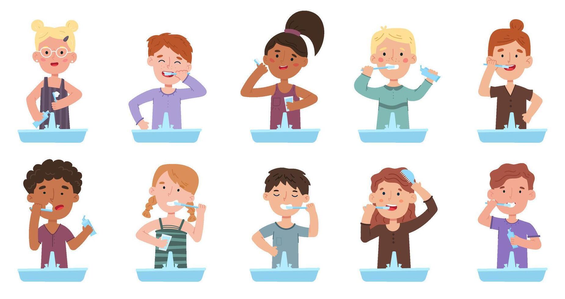Kids brushing teeth, healthy habits for children dental health. Cute boys and girls tooth brushing routine illustration set. Cute children oral hygiene vector