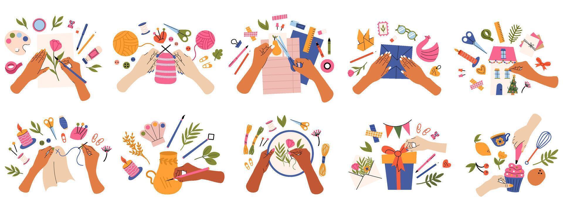 Handmade hobby, hands draw, knit and embroider, creative crafts. Hands create handmade crafts illustration set. Scrapbooking and sewing workshops vector