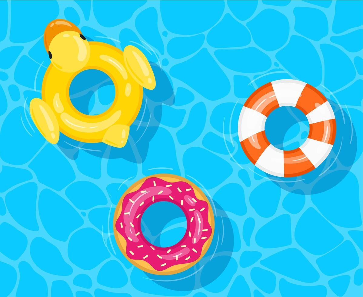 Cartoon pool swimming circles, floating rubber swim rings. Summer water toys in pool, floating inflatable lifebuoys background illustration. Pool swimming circles vector