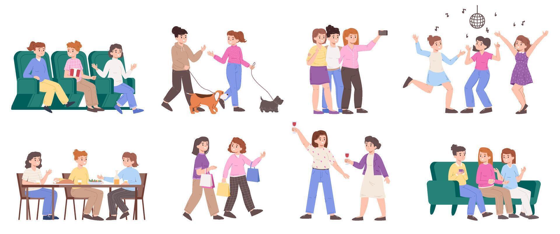 Girlfriends spend time together, female friendship entertainment. Women friends chatting, shopping and dancing illustration set. Girlfriends gathering together vector