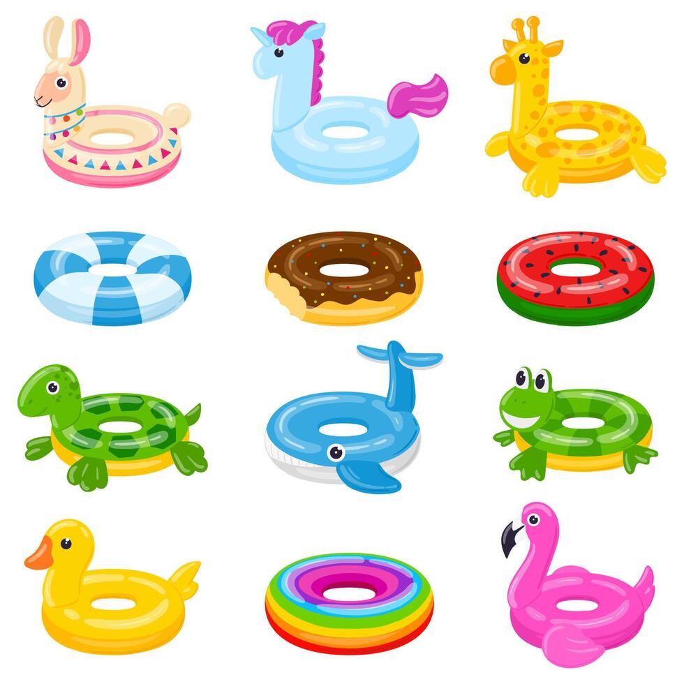 Cartoon swim rings, pool games rubber toys, colorful lifebuoys. Swimming circles, cute pool watermelon, donut and duck toys illustration set. Summer swimming lifebuoys vector