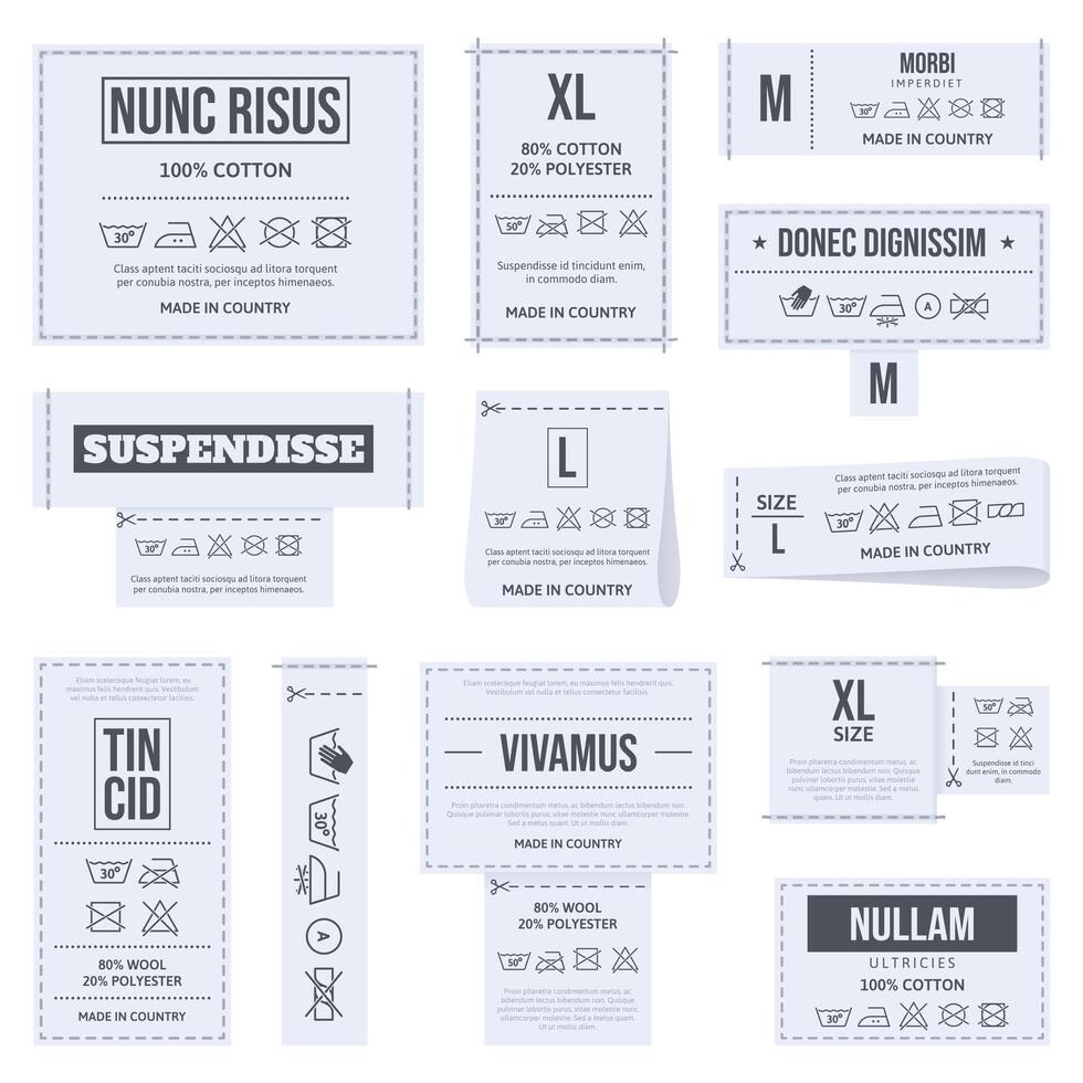 Laundry clothes care labels, textile care instruction symbols. Clothes care instructions tags, textile laundry instruction labels illustration set. Textile care labels vector