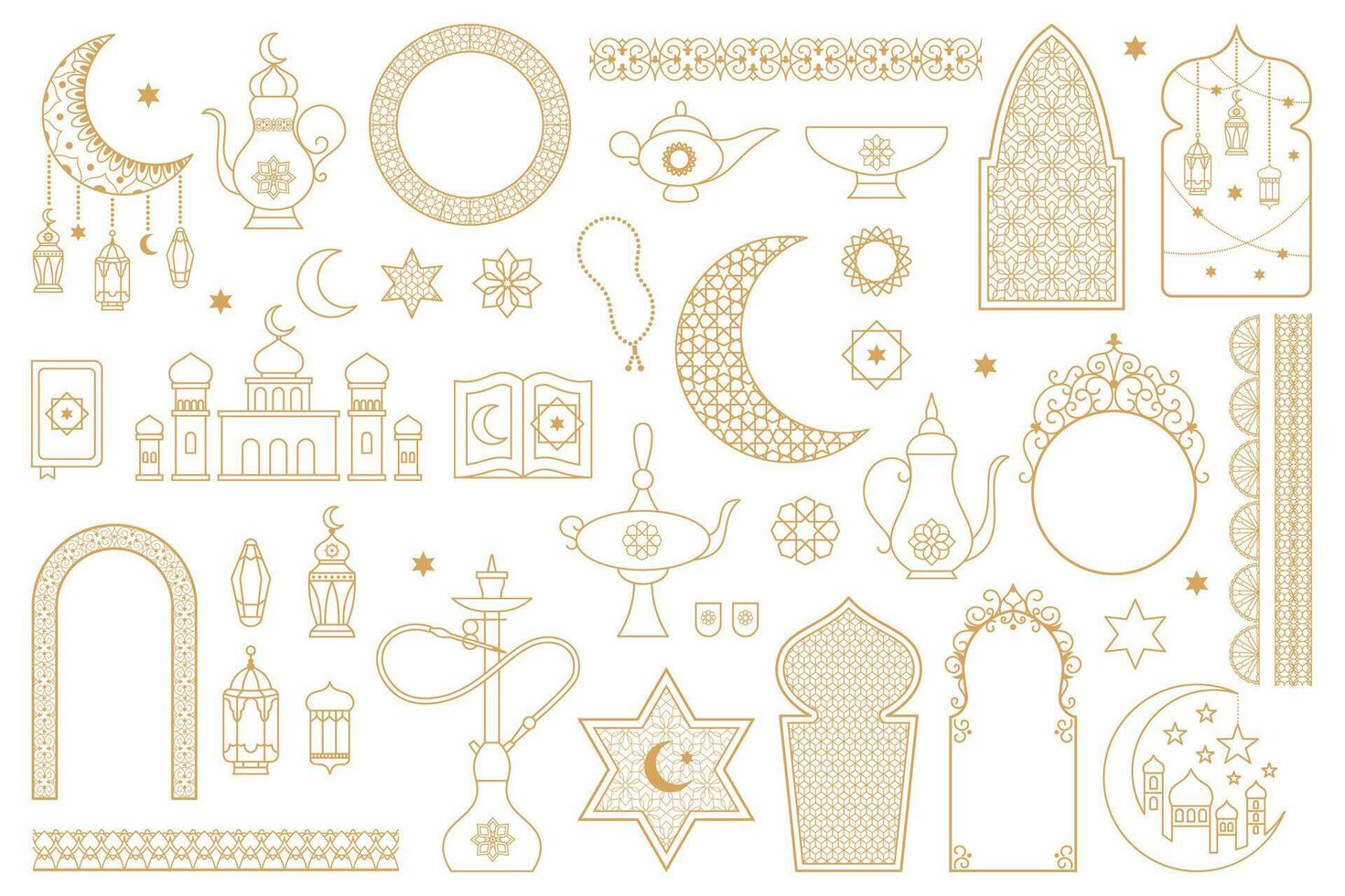 Arabic oriental muslim golden floral outline symbols. Lanterns, moon, hookah, mosque, arabic decorative frames illustration set. Islamic abstract elements vector