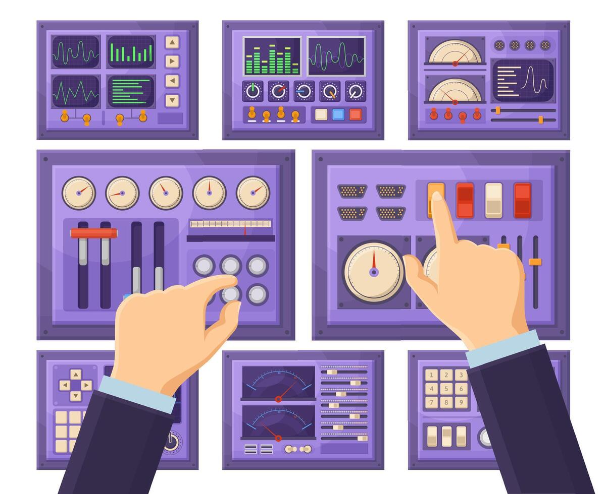 Retro control dashboard panel with operator hands, console connection ports. Hands work with control panel elements illustration. Spacecraft dashboard panel vector