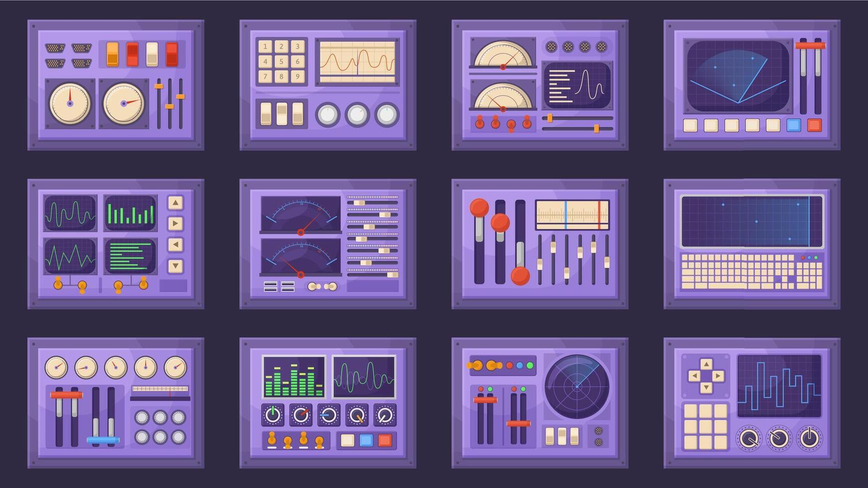 Retro control panels, spacecraft dashboard with dials, tuners and levers. Old computer interface elements isolated illustration set. Control panel templates vector