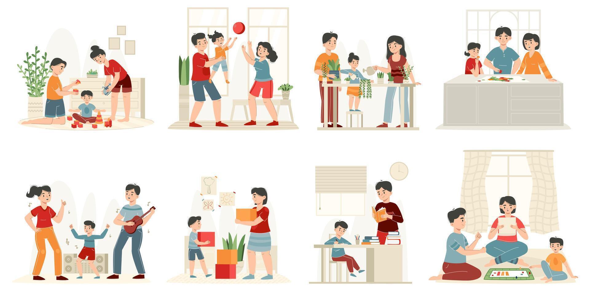 Happy families playing toys with children, parenting leisure activities. Parenting scenes, mother, father and kid play together illustration set. Family leisure time vector