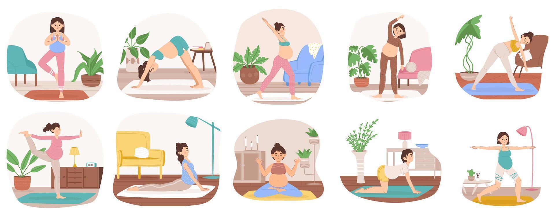 Pregnant woman practicing yoga, health yoga activity. Prenatal healthy activities, meditation and relaxing illustration set. Future mothers yoga lessons vector