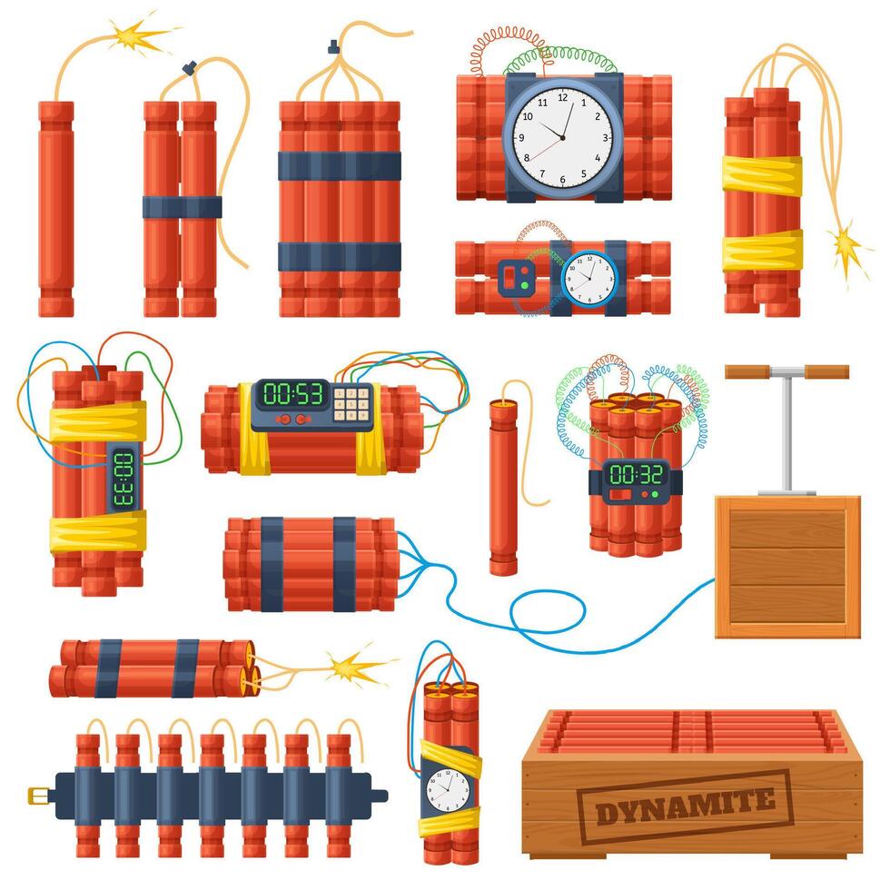 Dynamite sticks, explosive bombs with timer clock detonator. Explosive dangerous bombs and dynamite checkers illustration set. Pyrotechnics elements vector
