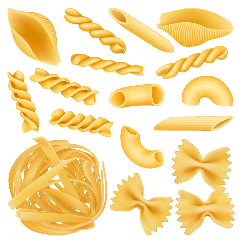 Realistic italian pasta, dry fettuccine, farfalle and penne pasta. Italian raw macaroni 3d isolated illustration set. Different pasta shapes vector