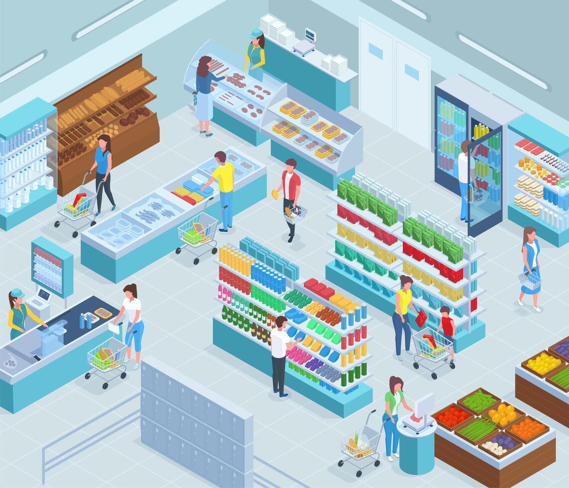 Isometric grocery market interior, supermarket showcase and checkout counter. Grocery store customers trolleys and goods shelves illustration. Supermarket interior vector