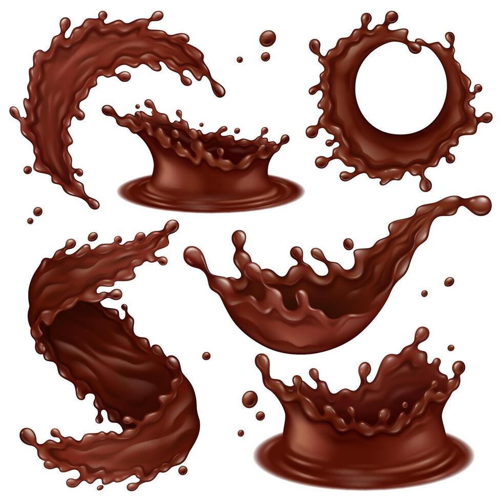 Realistic chocolate splashes, liquid hot chocolate swirls and drops. Dripping dark chocolate splashes illustration set. Delicious chocolate elements vector