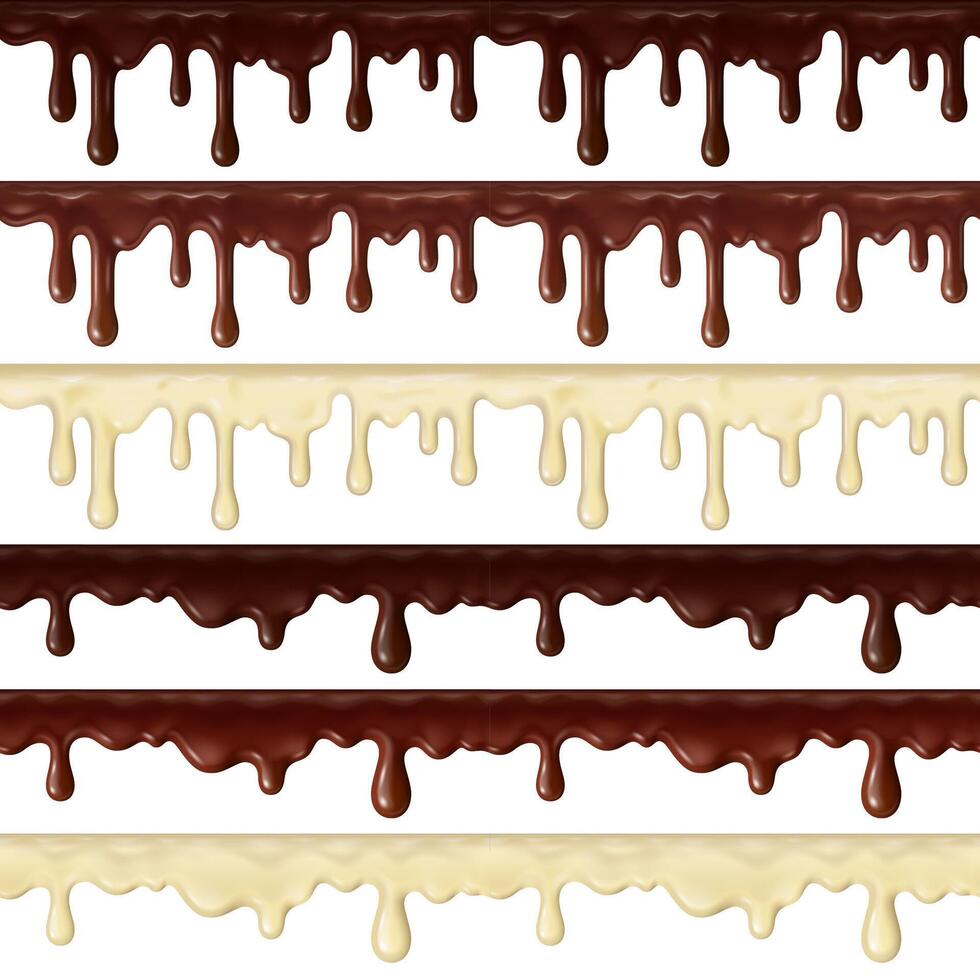 Realistic sweet chocolate dripping, flowing hot chocolate borders. Delicious chocolate drips, liquid frosting streams illustration set. Dripping chocolate elements vector