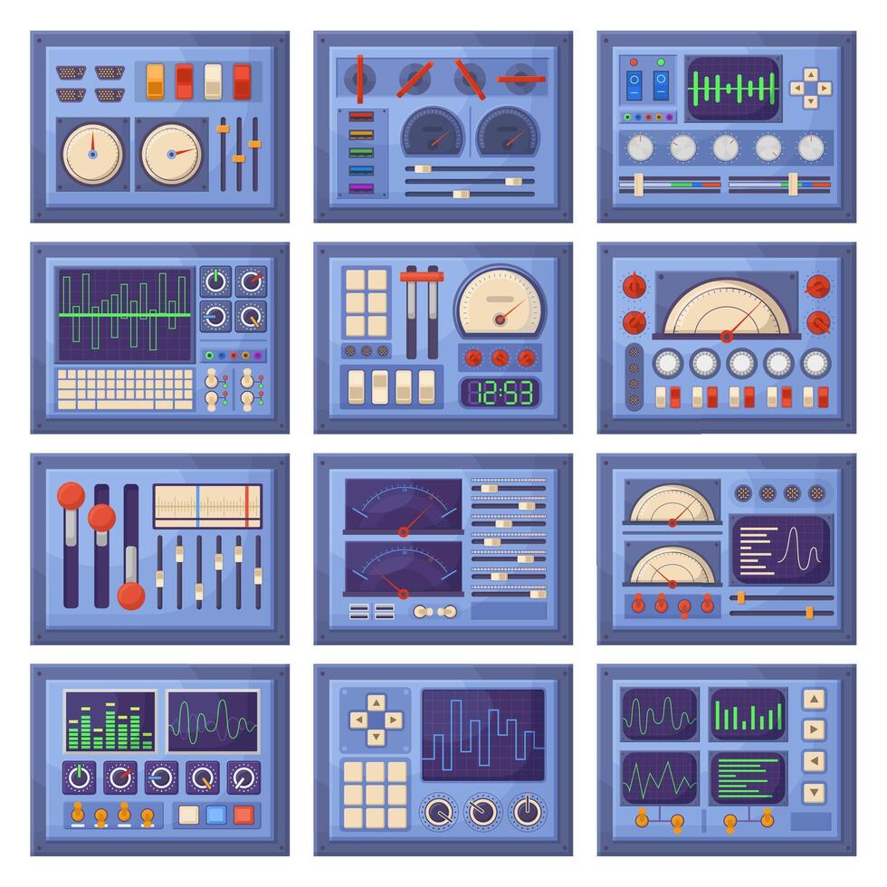 Electrical dashboard, control panels with charts, buttons and tuners. Retro dashboard control panels elements illustration set. Spacecraft interface panels vector