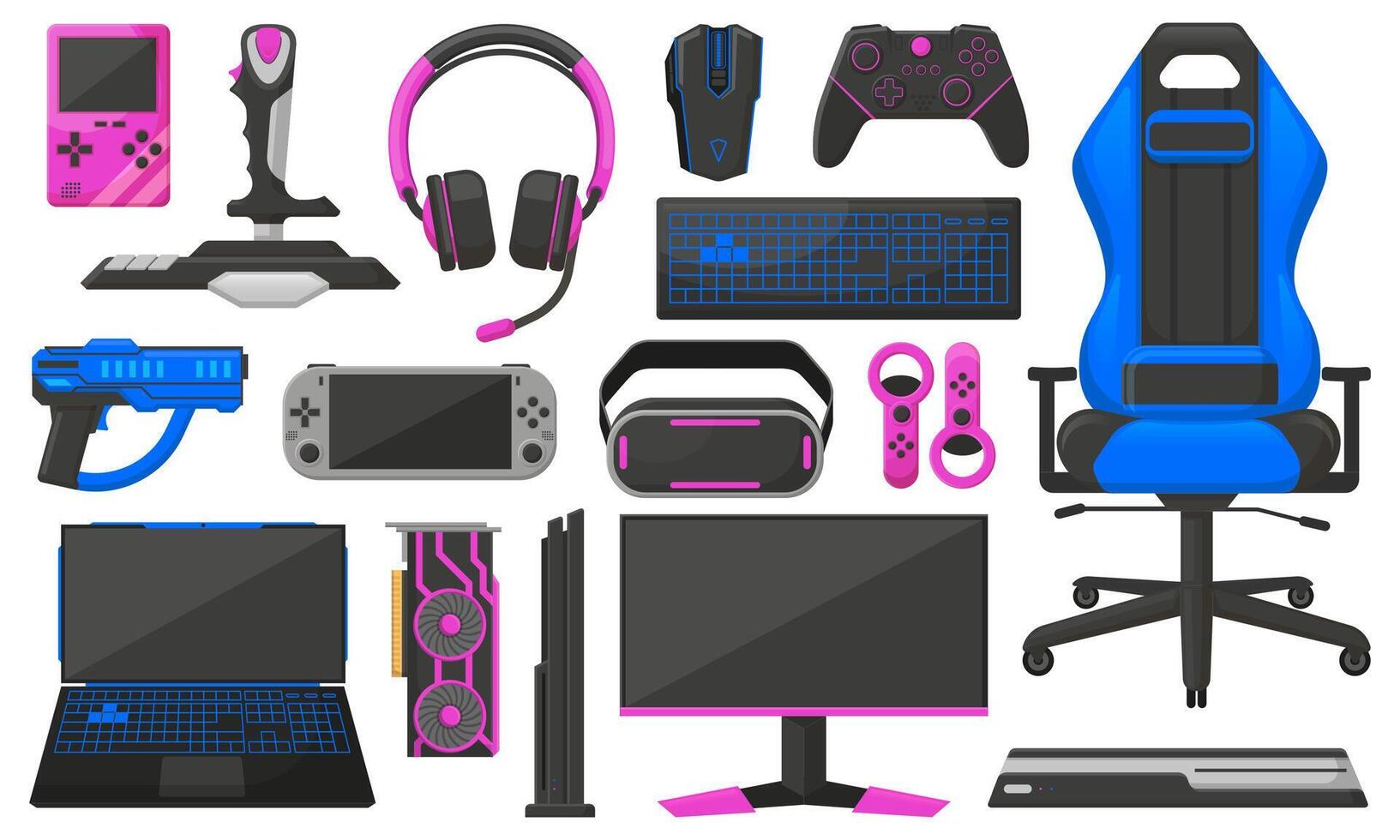 Gaming accessories, game console, headphones, card and joysticks. Game equipment, gamepads and vr glasses illustration set. Professional game tools vector