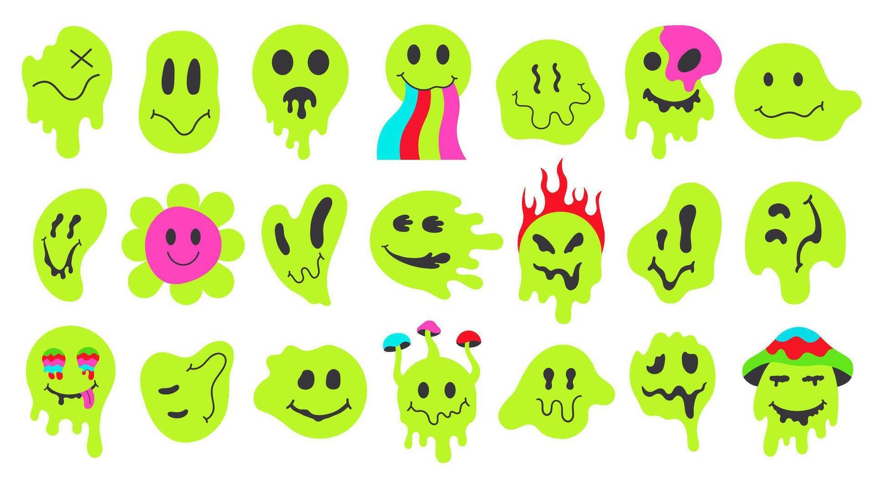 Neon melting smiling faces, retro doodle dripping smile emoji. Psychedelic groovy characters, graffiti smile emoji face illustration set. Funny emoji face mascots vector