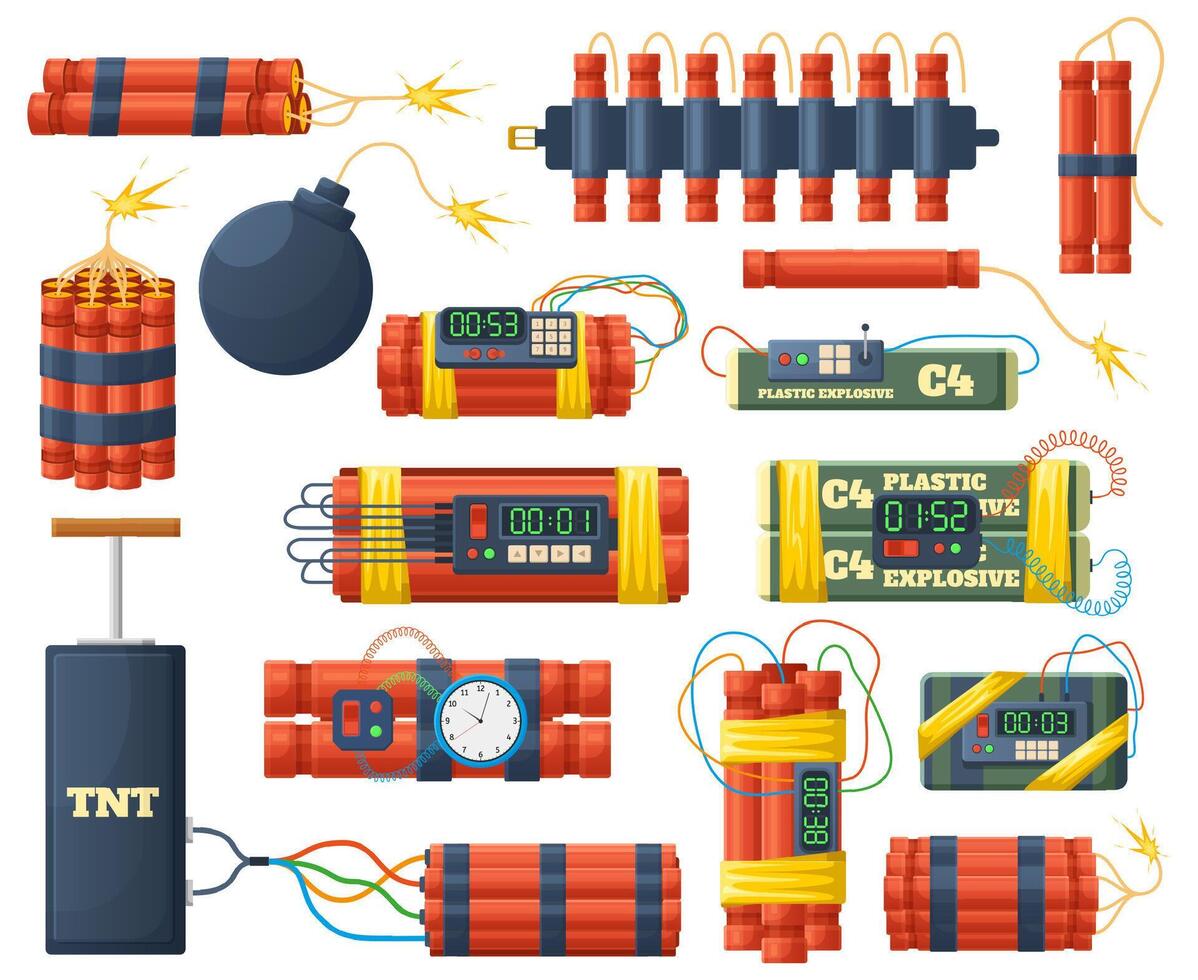 Explosive bombs and dynamite sticks, dangerous pyrotechnics elements. Red dynamite sticks, bombs with clock alarm detonators illustration set. Burning dynamite bombs vector