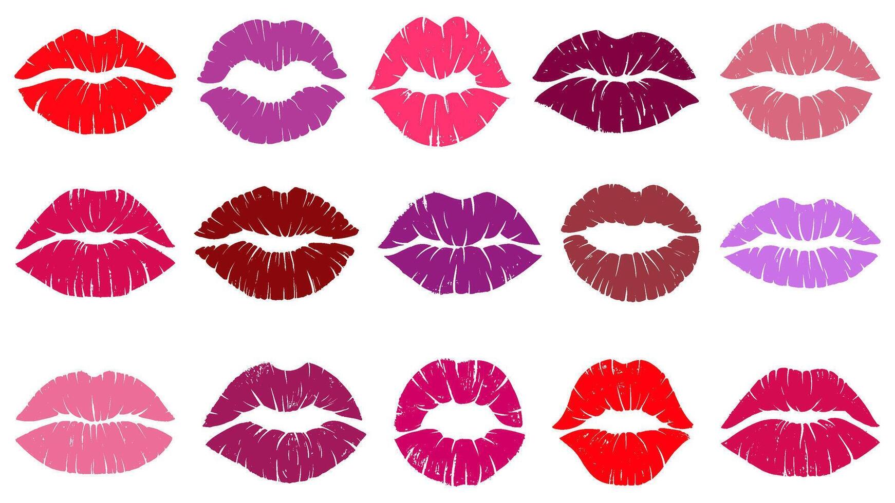 Female red lips prints, love kiss lip print. Woman lipstick kiss prints, sexy mouth kiss shapes illustration set. Romantic kiss prints vector