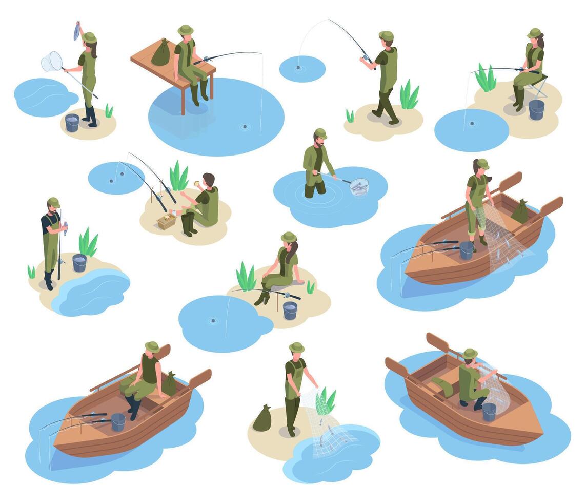 Isometric fishermen characters, 3d river or pond fishing. Characters using fishing equipment, boat, tackle and fishing rod illustration set. Fisherman characters vector