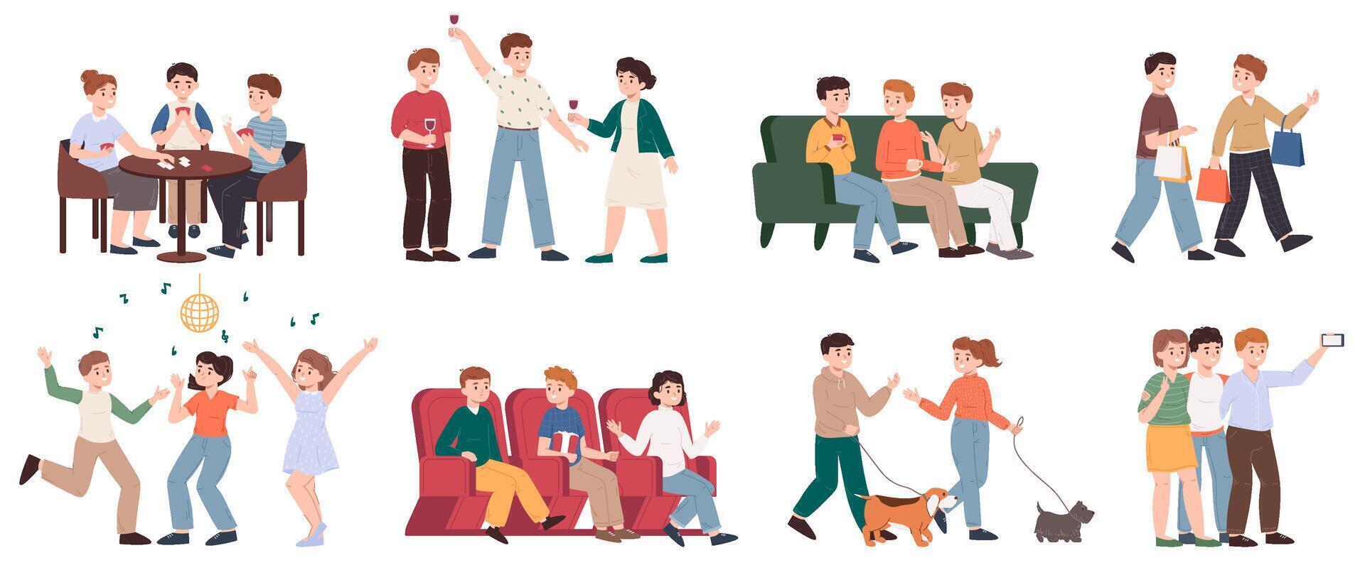 Happy friends having fun and spending time together. Friendship entertainment, friends talking, shopping and dancing illustration set. Friends gathering together vector
