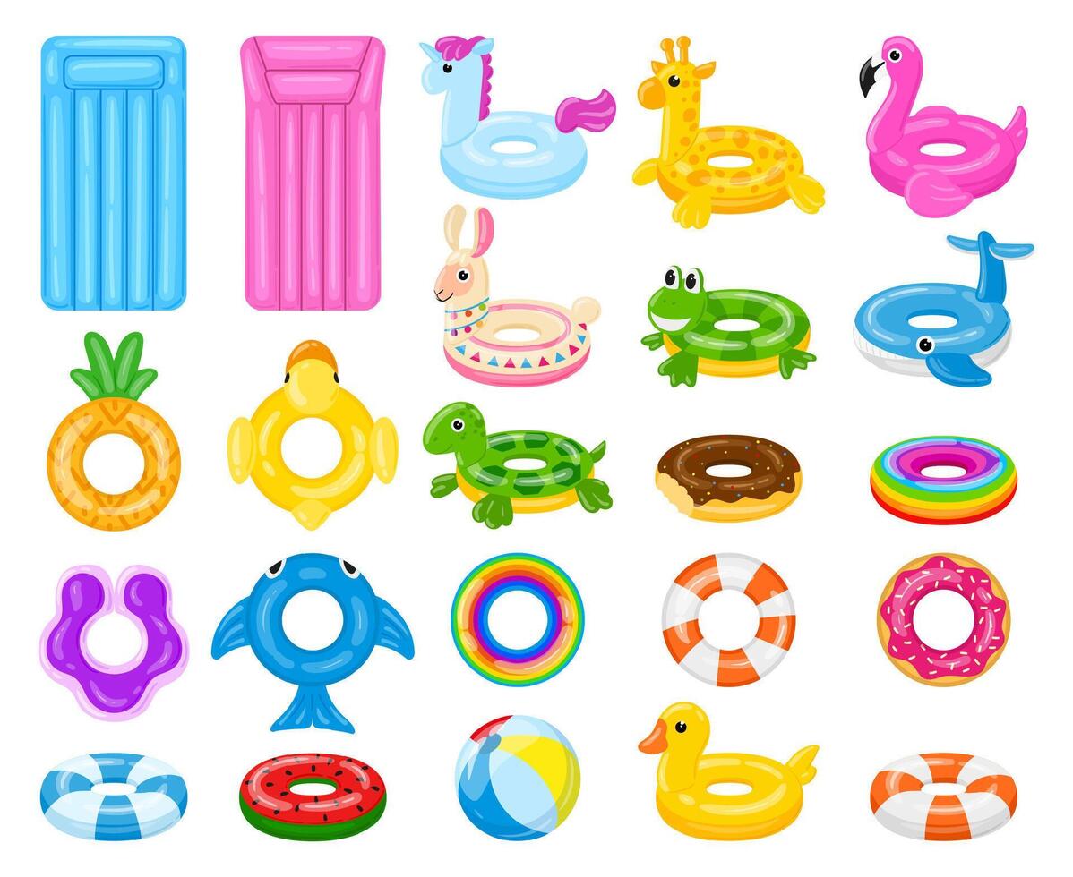 Cartoon swimming circles, pool or beach water rubber ball and mattress. Summer water toys, pool games lifebuoys illustration set. Inflatable rubber pool equipment vector