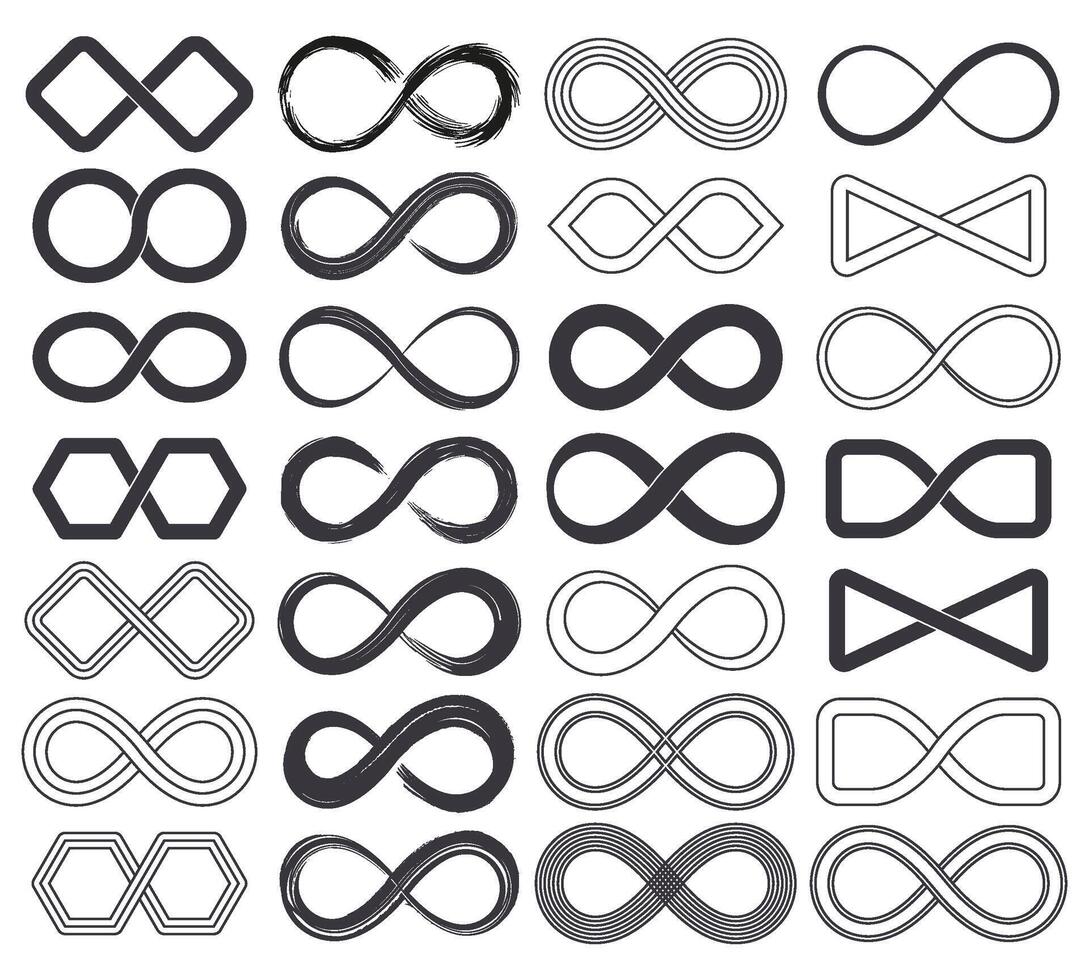Infinity unlimited symbols, eternal endless cyclical icons. Abstract limitless infinite loop symbols set. Endless eternity signs vector