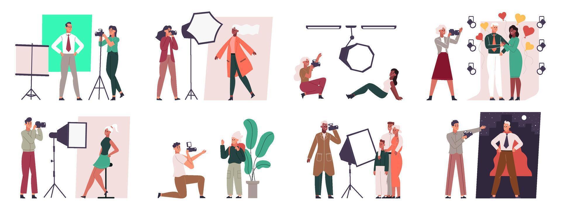 Photo studio scenes, photographers shooting portrait and family. Professional photographer in studio with photographic equipment illustration set. Photography scenes vector