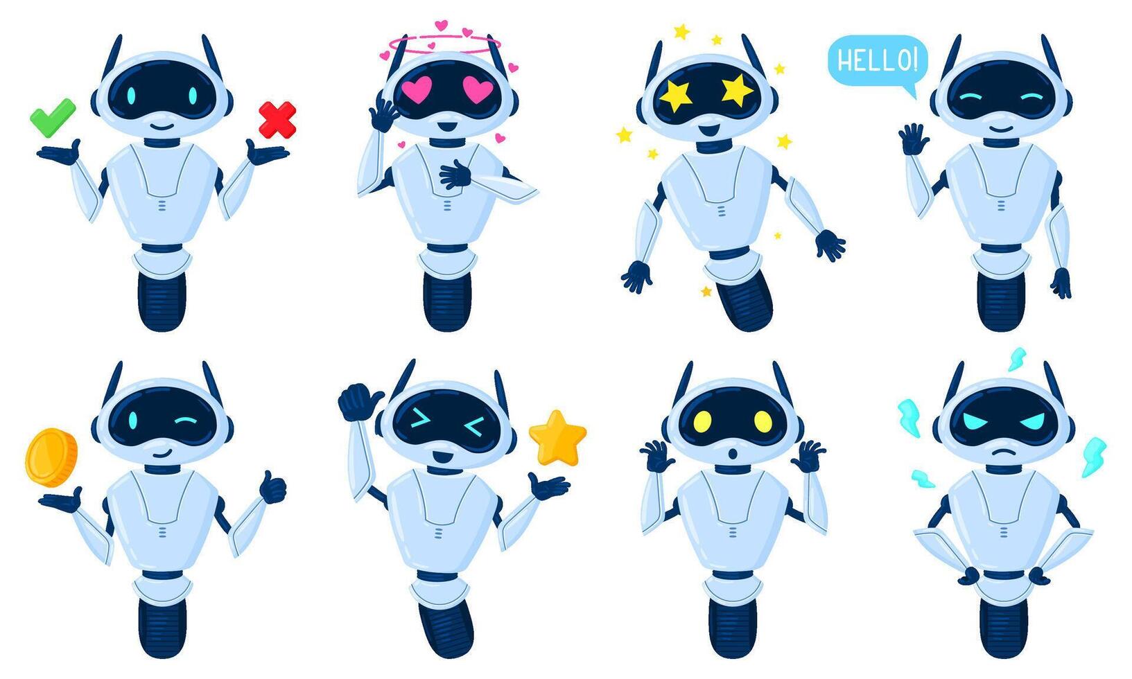 Cartoon chat bot characters, online virtual assistant mascot. Artificial intelligence service machine, friendly personal assistant illustration set. Chat bot character vector