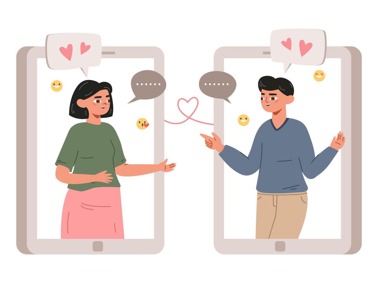 Date mobile app, perfect match, romantic couple chatting. Online dating app relationship communication illustration. Virtual dating app concept vector