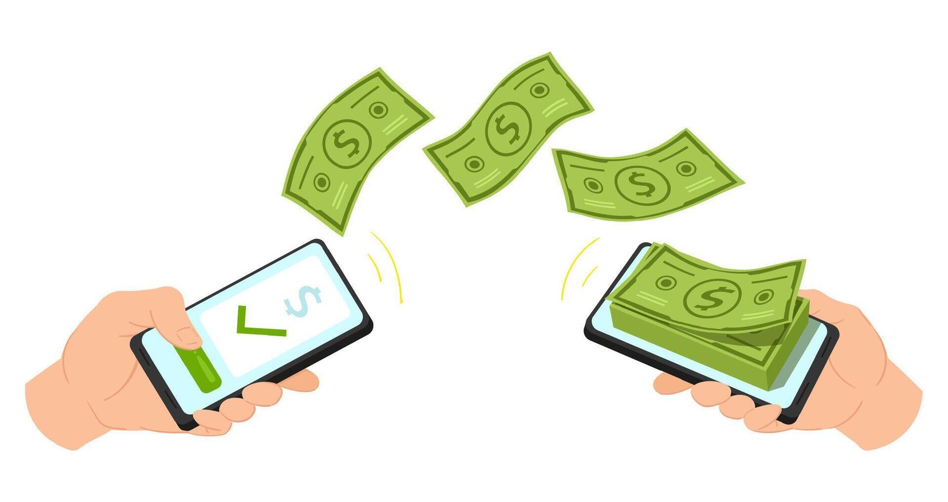 Cartoon money payment, mobile bank electronic transaction. Transfer money via online mobile app illustration. People send and receive money online vector
