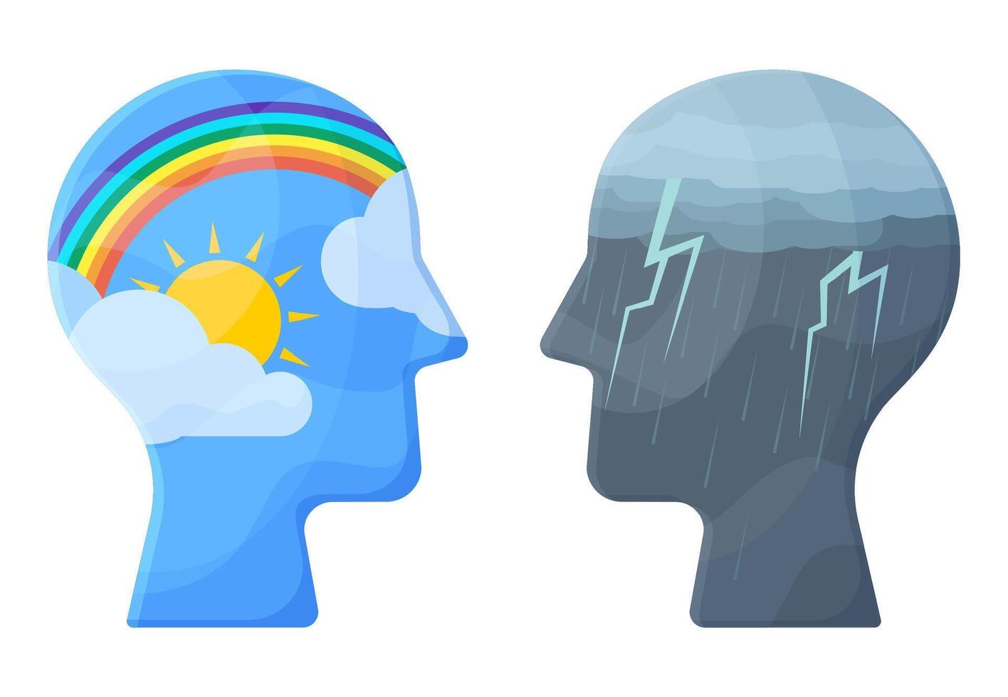 Psychology support, negative and positive mental health concept. Opposite bad and good states of mind illustration. Heads with different mental health mood vector