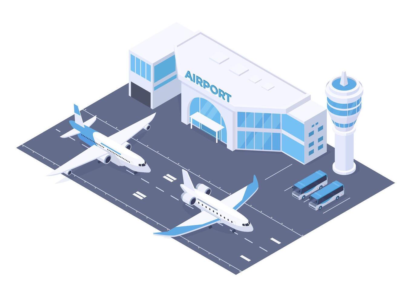 Isometric airport building and runway, plane taking off. International airport terminal isolated illustration. City airport runway strip vector