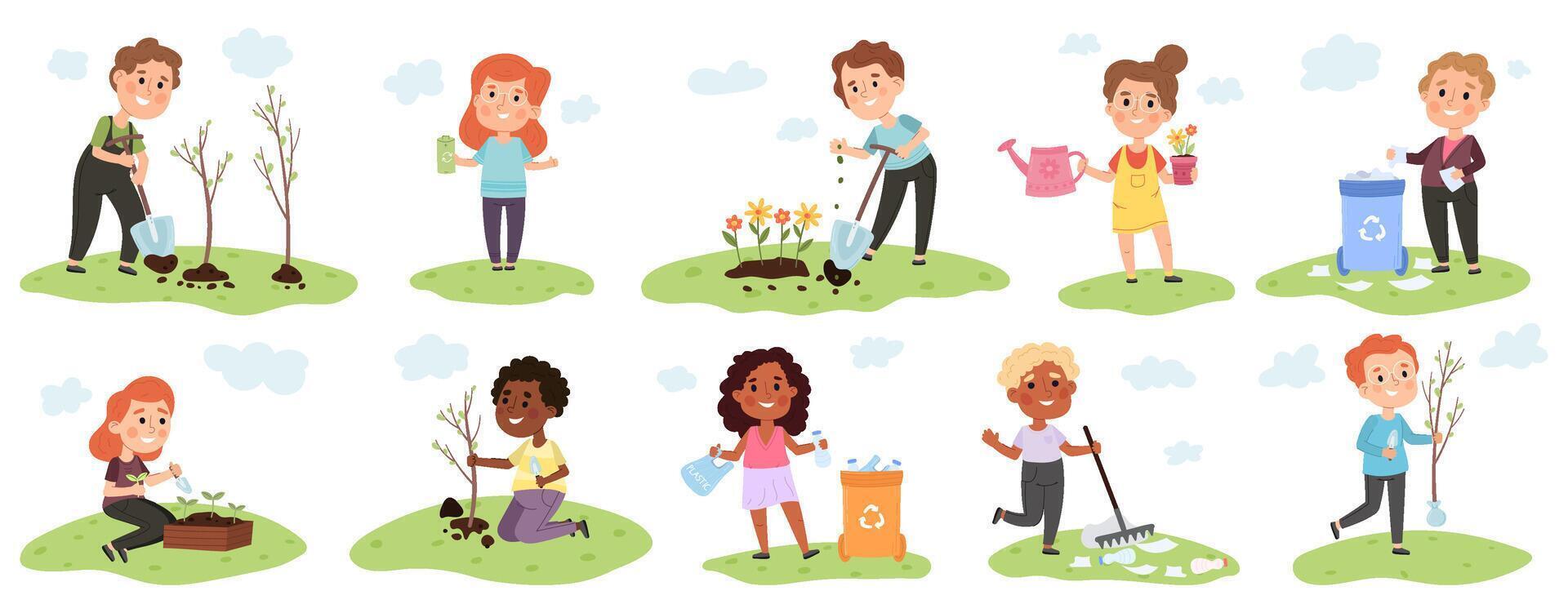 Kids sorting garbage and planting trees, environment protection scenes. Children take care of environment illustration set. Girls and boys planting tree together vector