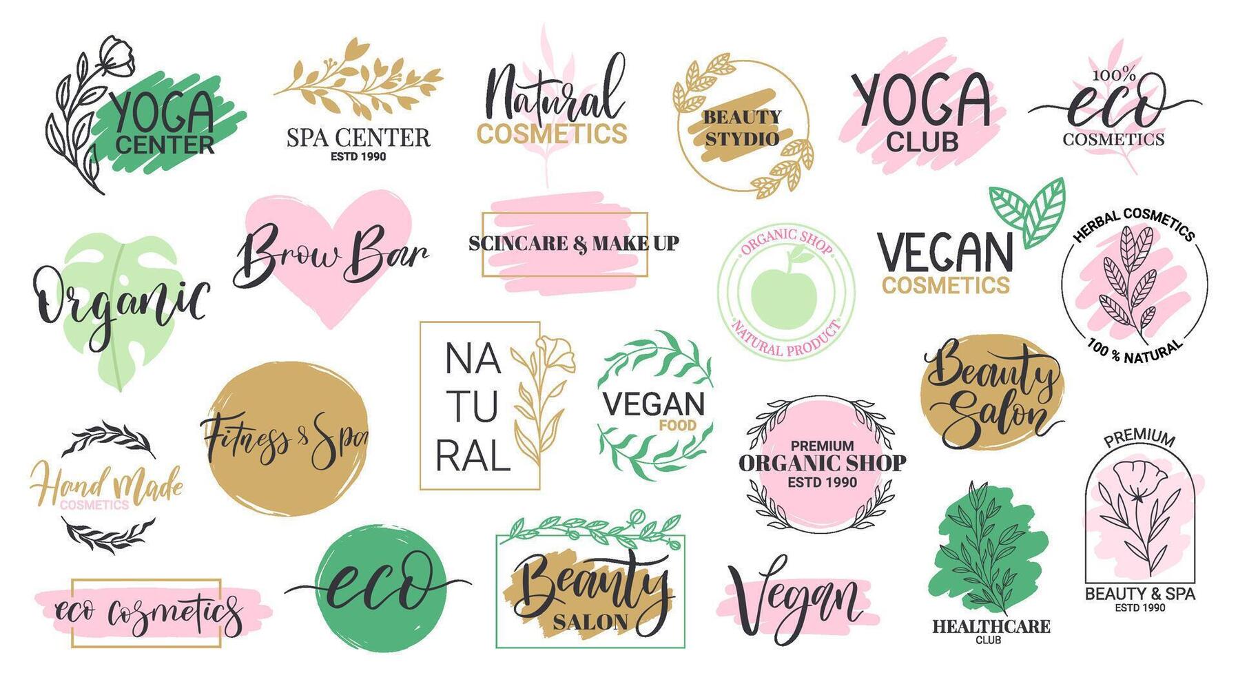 Organic beauty, spa and yoga center labels. Hand drawn emblems for yoga and health care illustration set. Healthy lifestyle shops badges vector