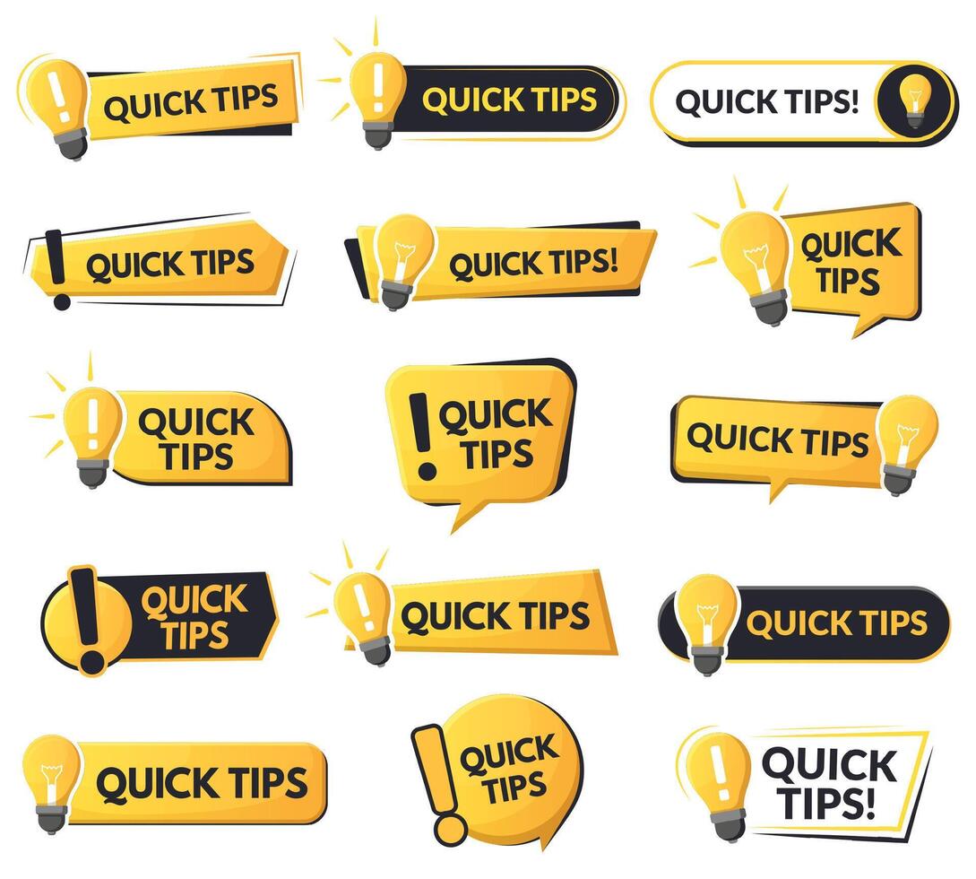 Quick tips helpful emblems, problem solution or advice speech bubbles. Tricks and helpful suggestions abstract symbols set. Quick tips trick logos vector
