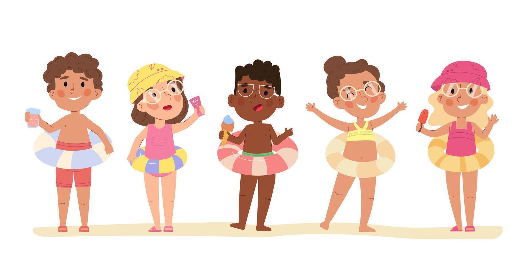 Kids pool party, children playing rubber swimming circles. Multiracial boys and girls in swimsuits standing together illustration set. Kids with rubber pool toys vector